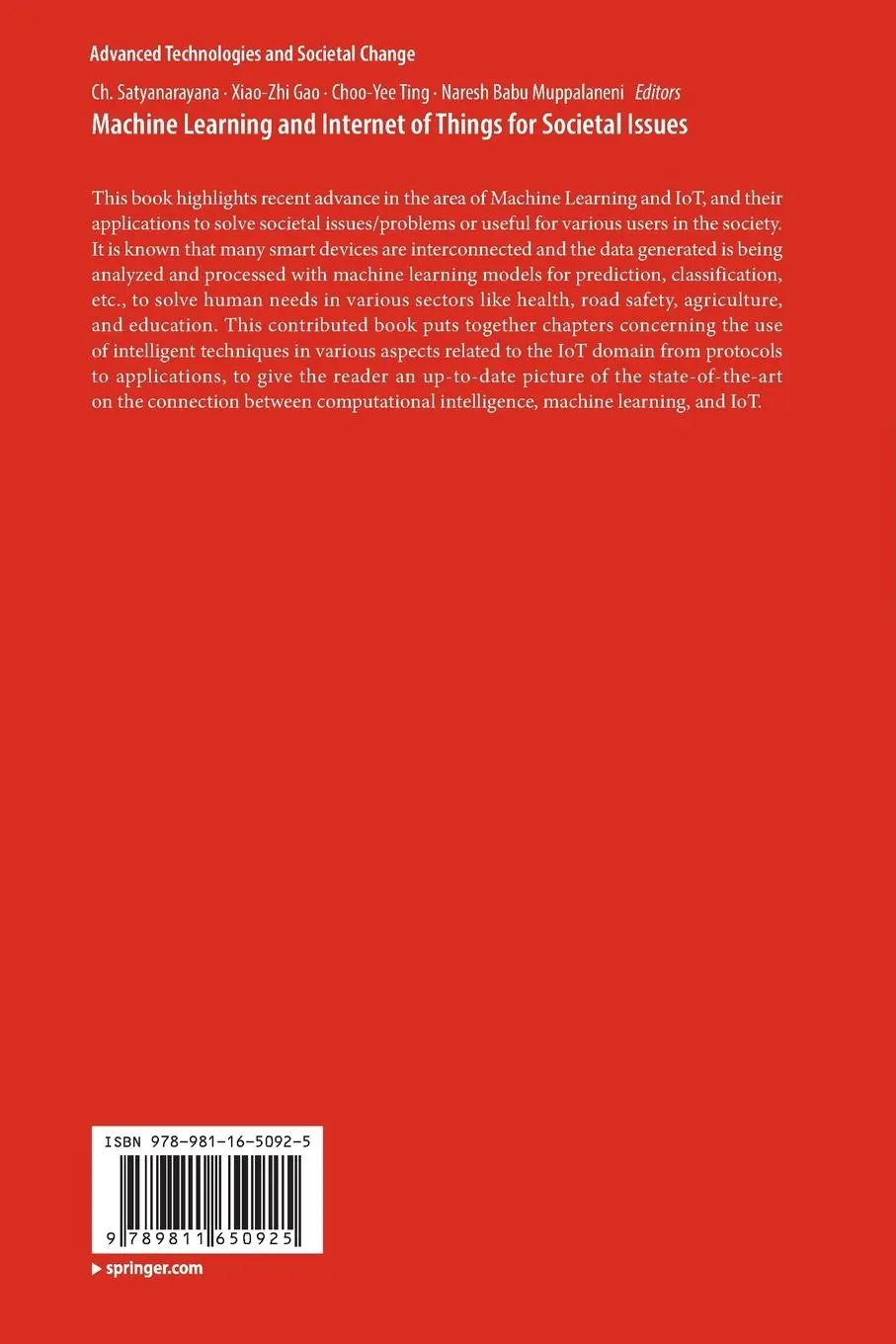 Rückseite: 9789811650925 | Machine Learning and Internet of Things for Societal Issues | Buch