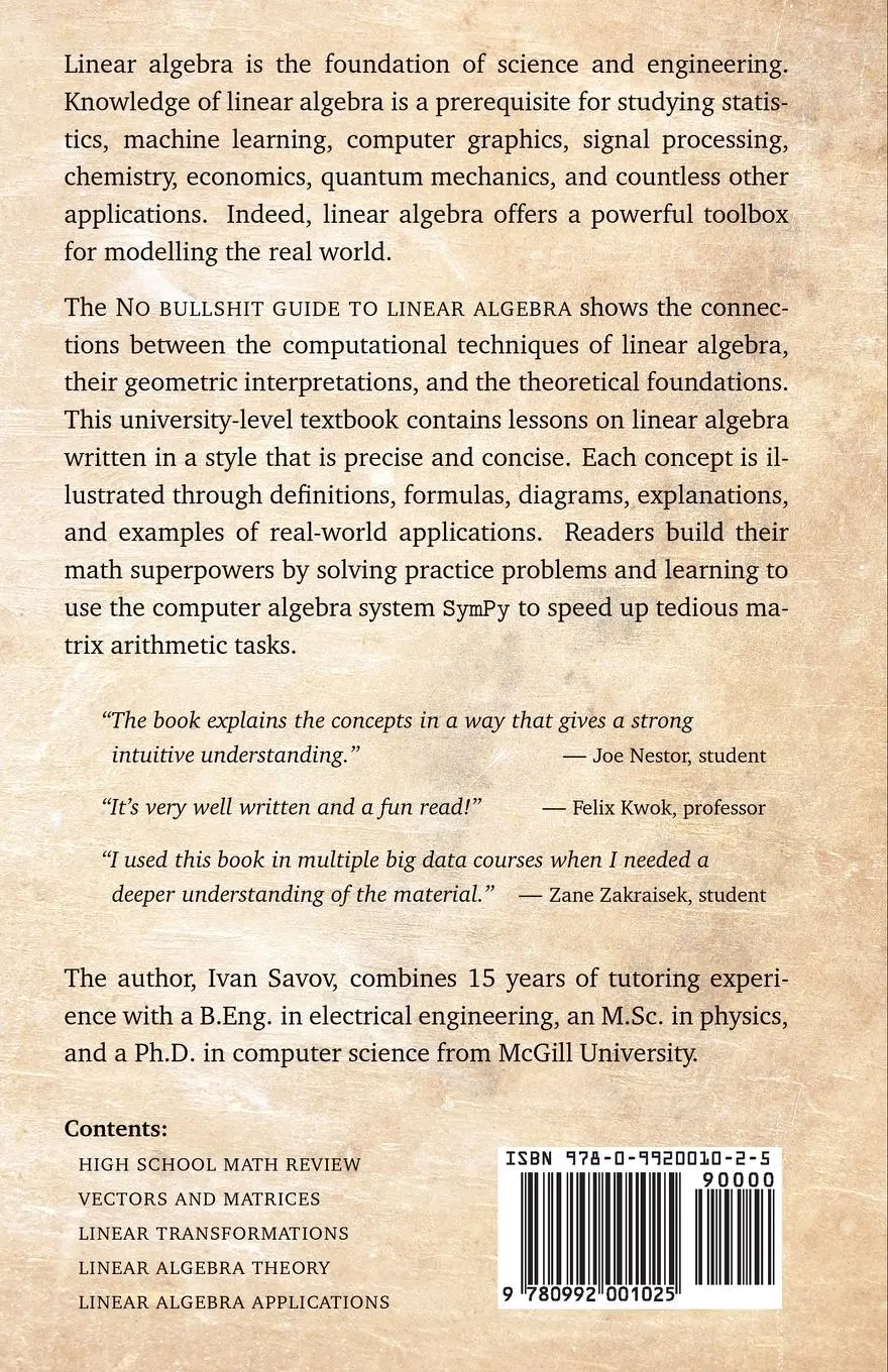 Rückseite: 9780992001025 | No Bullshit Guide to Linear Algebra | Ivan Savov | Taschenbuch | 2020