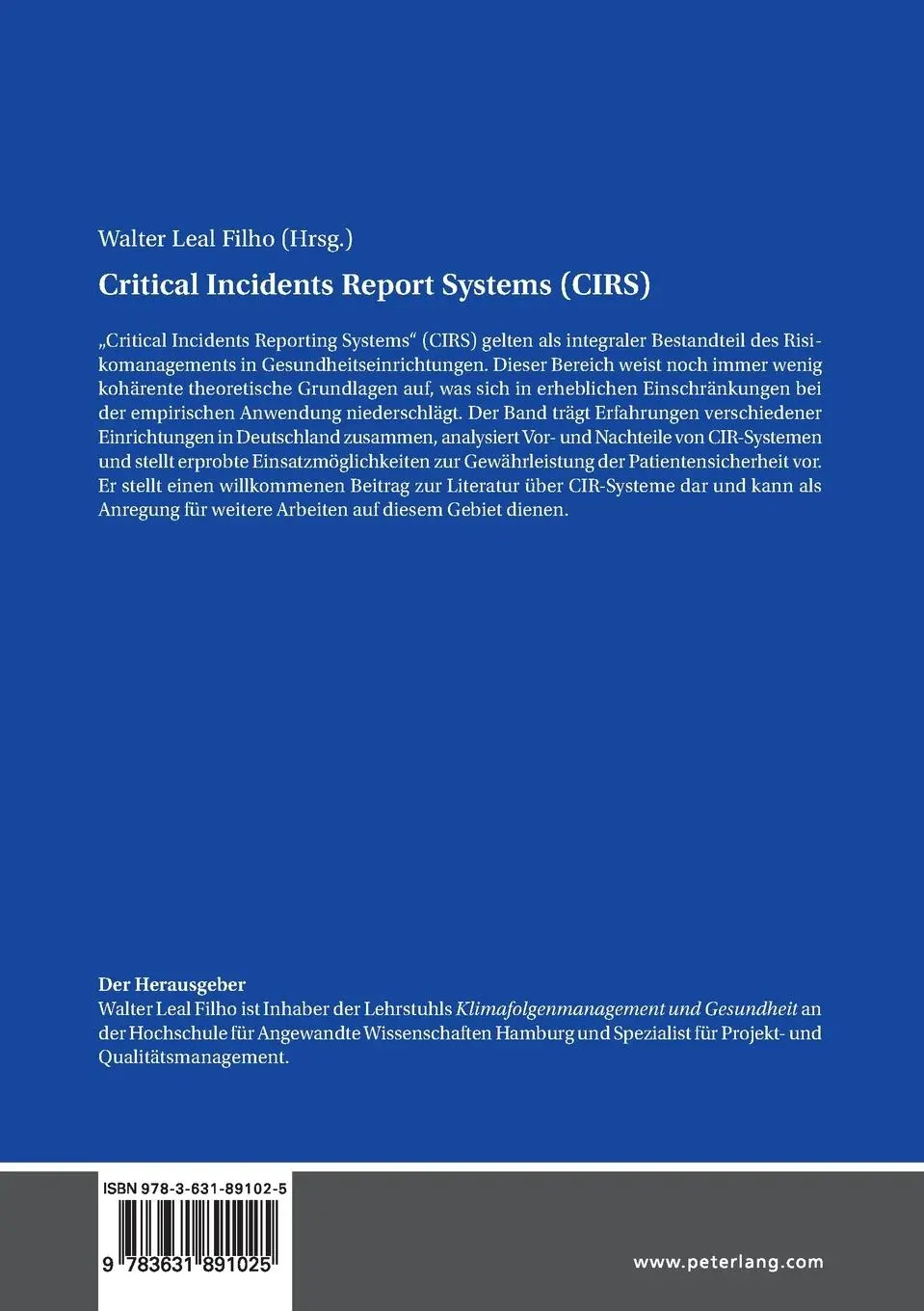 Rückseite: 9783631891025 | Critical Incidents Report Systems (CIRS) | Walter Leal Filho | Buch
