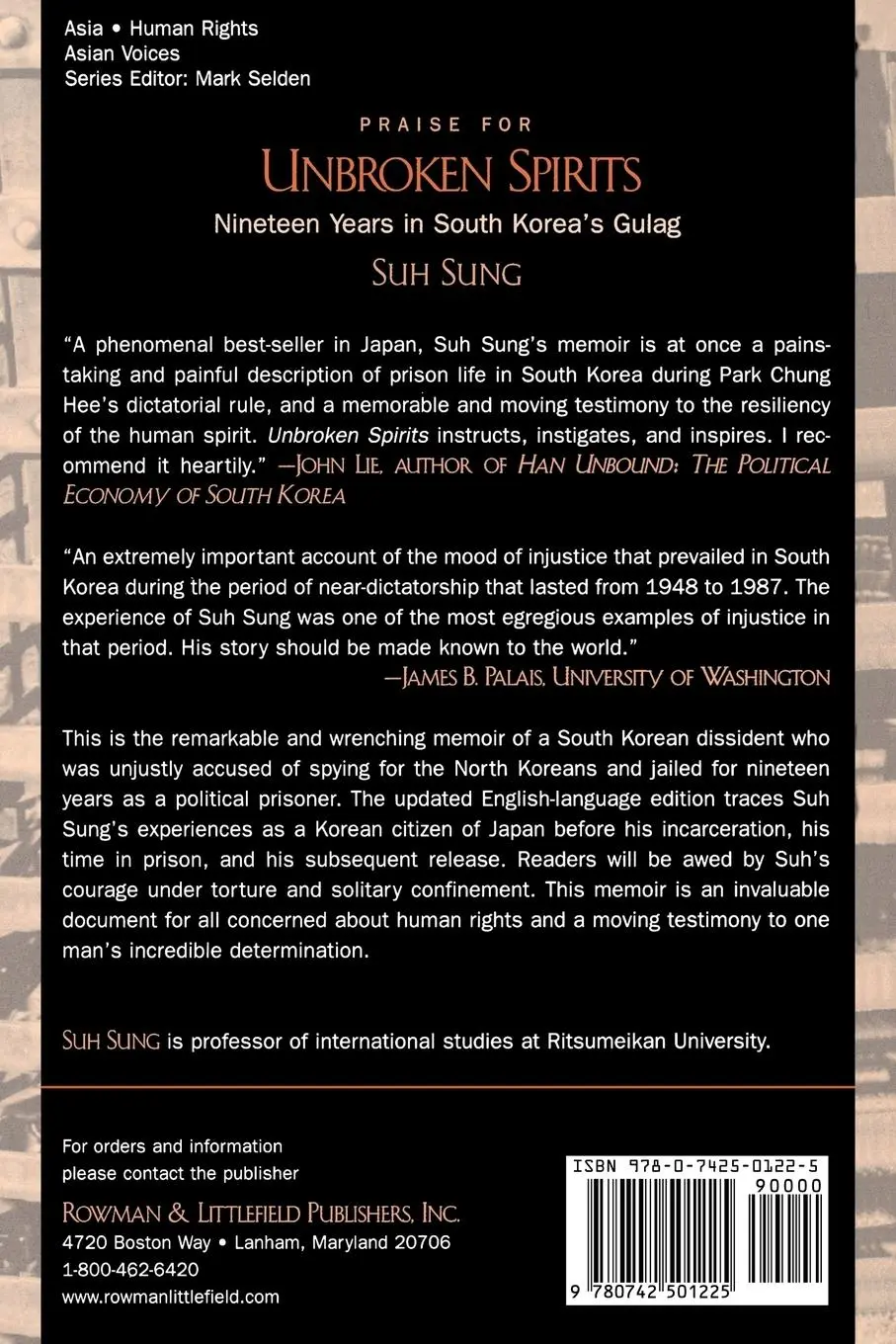 Rückseite: 9780742501225 | Unbroken Spirits | Nineteen Years in South Korea's Gulag | Suh Sung