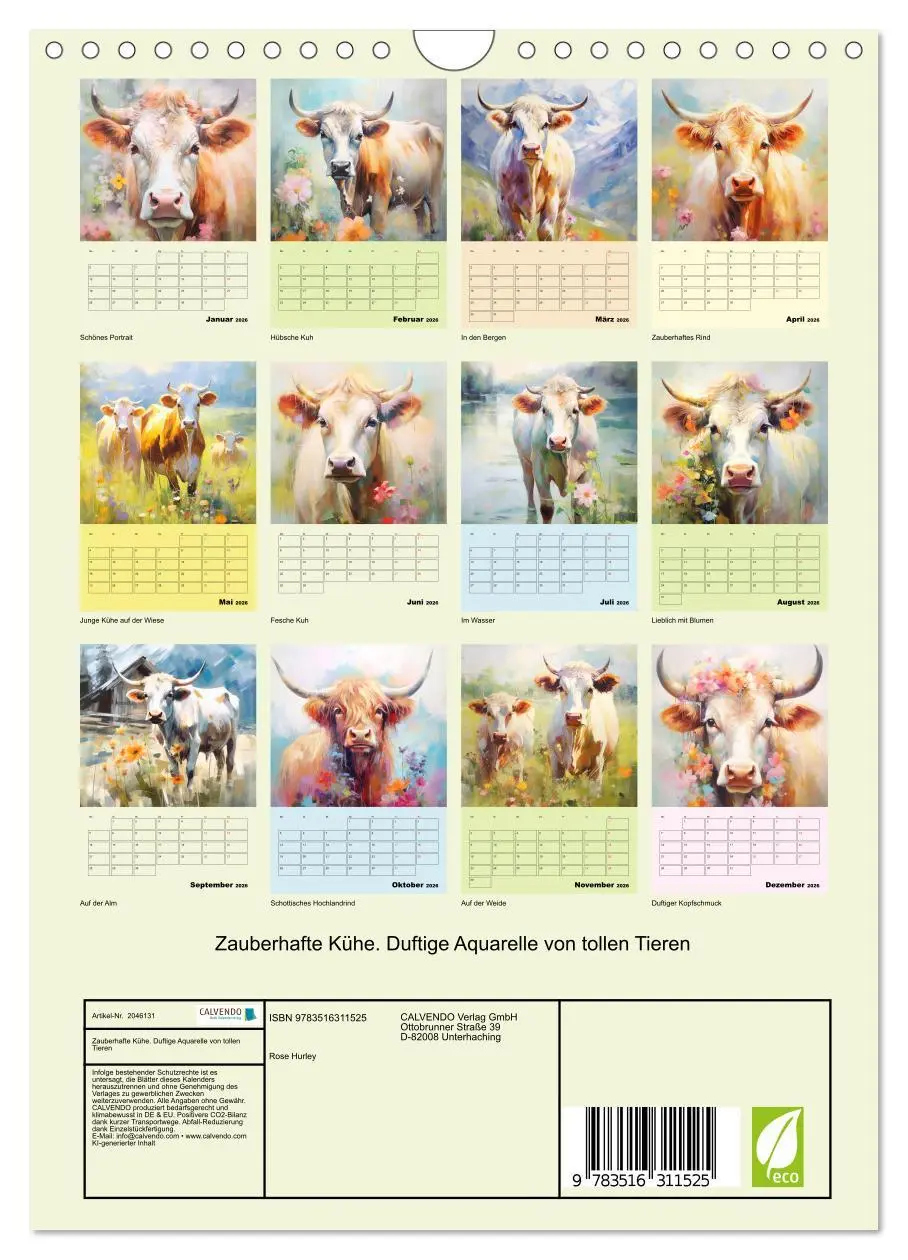 Bild: 9783516311525 | Zauberhafte Kühe. Duftige Aquarelle von tollen Tieren (Wandkalender...