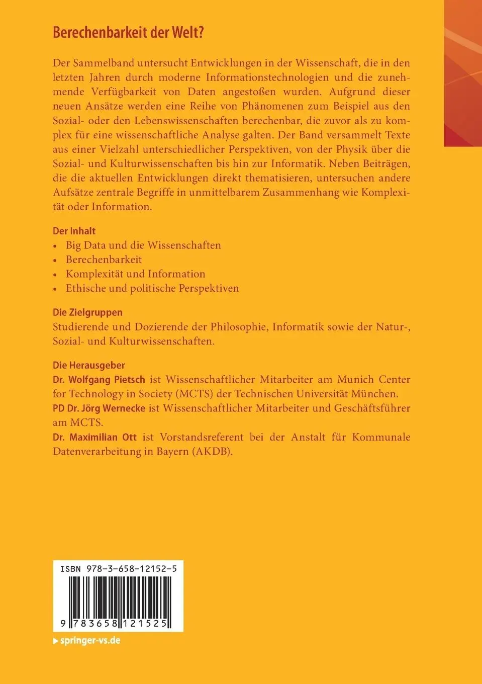 Rückseite: 9783658121525 | Berechenbarkeit der Welt? | Wolfgang Pietsch (u. a.) | Taschenbuch
