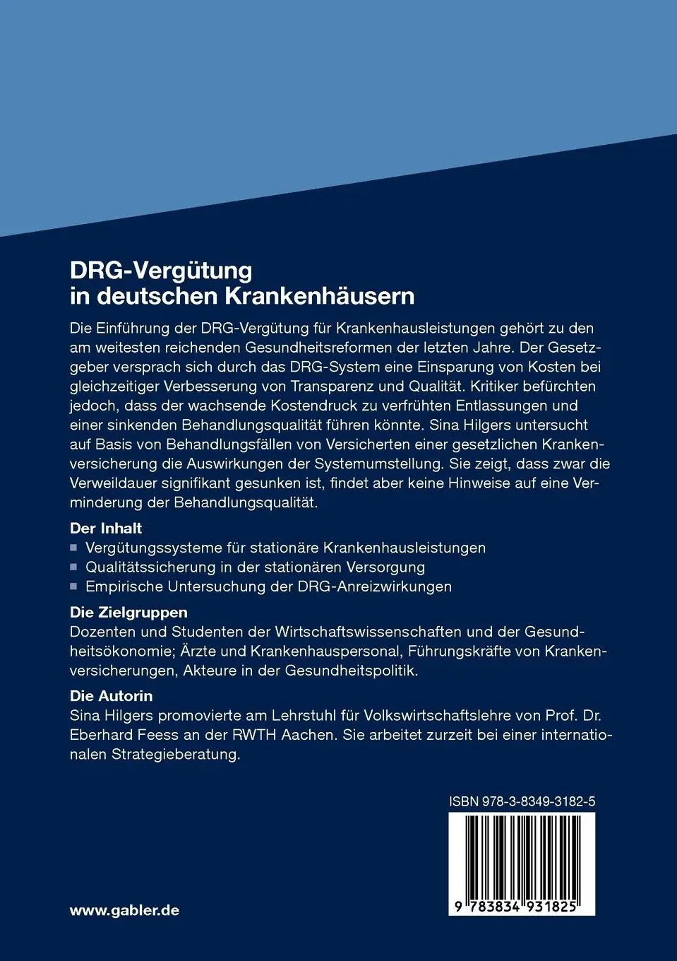 Rückseite: 9783834931825 | DRG-Vergütung in deutschen Krankenhäusern | Sina Hilgers | Taschenbuch