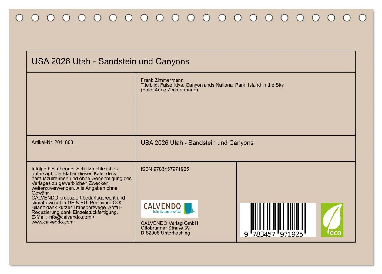 Bild: 9783457971925 | USA 2026 Utah - Sandstein und Canyons (Tischkalender 2026 DIN A5...