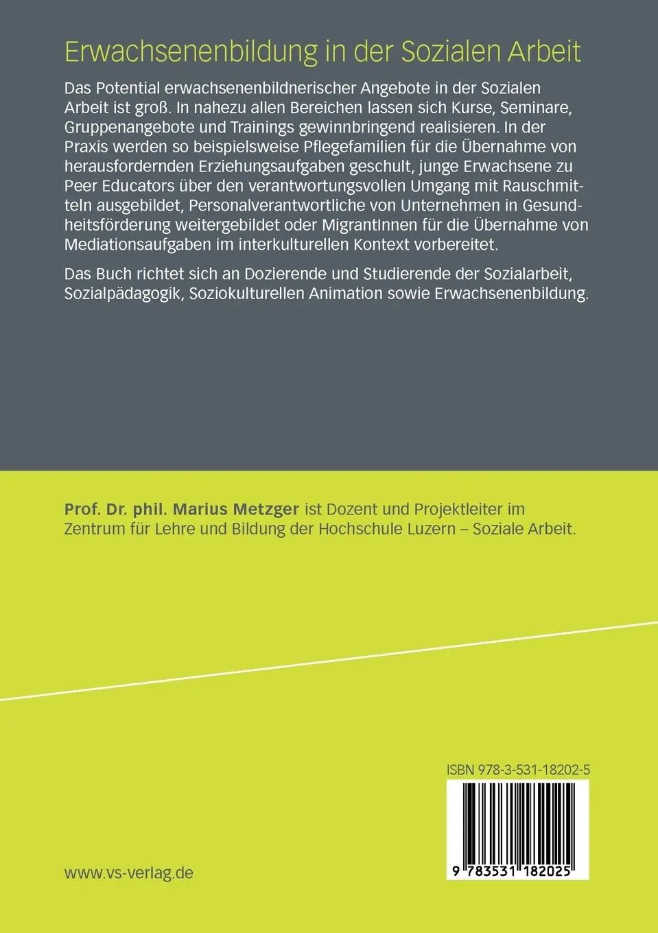 Rückseite: 9783531182025 | Erwachsenenbildung in der Sozialen Arbeit | Marius Metzger | Buch