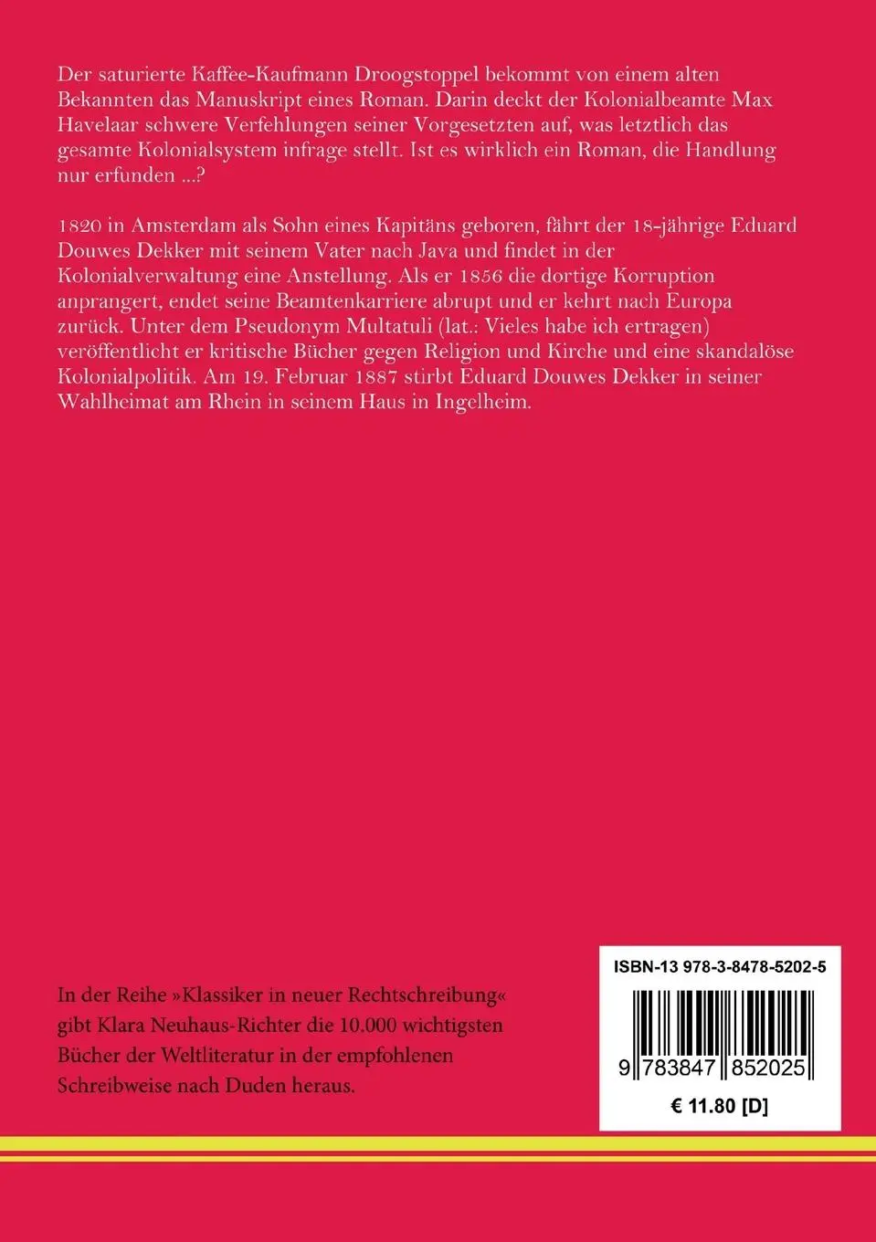 Rückseite: 9783847852025 | Max Havelaar | Multatuli | Taschenbuch | 276 S. | Deutsch | 2021
