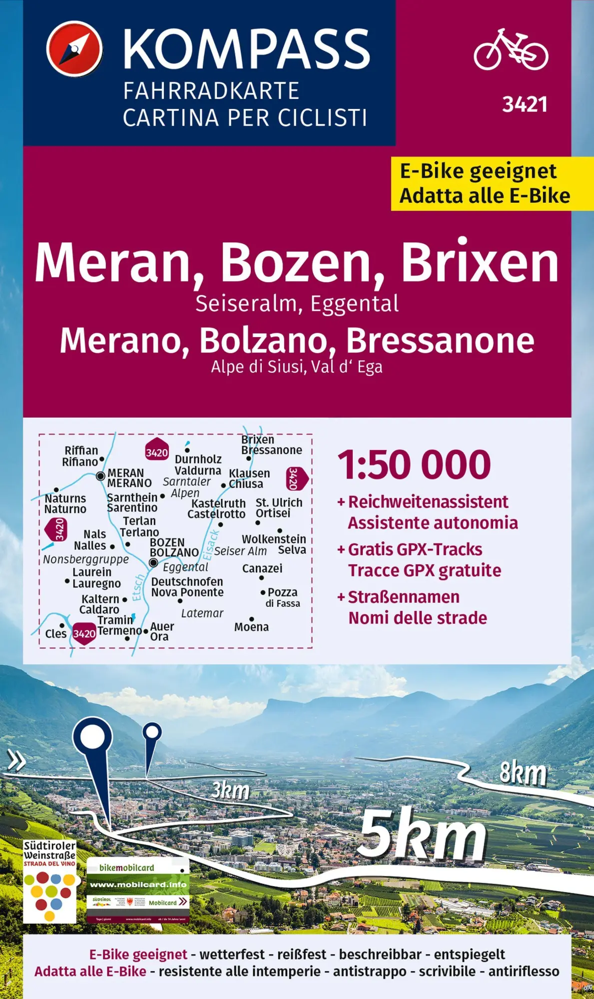 Cover: 9783991542025 | KOMPASS Fahrradkarte 3421 Meran, Bozen und Umgebung 1:50.000 | 1 Karte