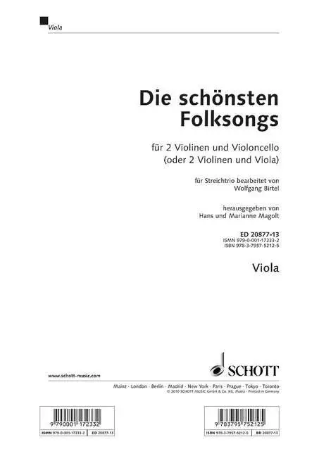 Cover: 9783795752125 | Die schönsten Folksongs | 2 Violinen und Violoncello (Viola). Viola.