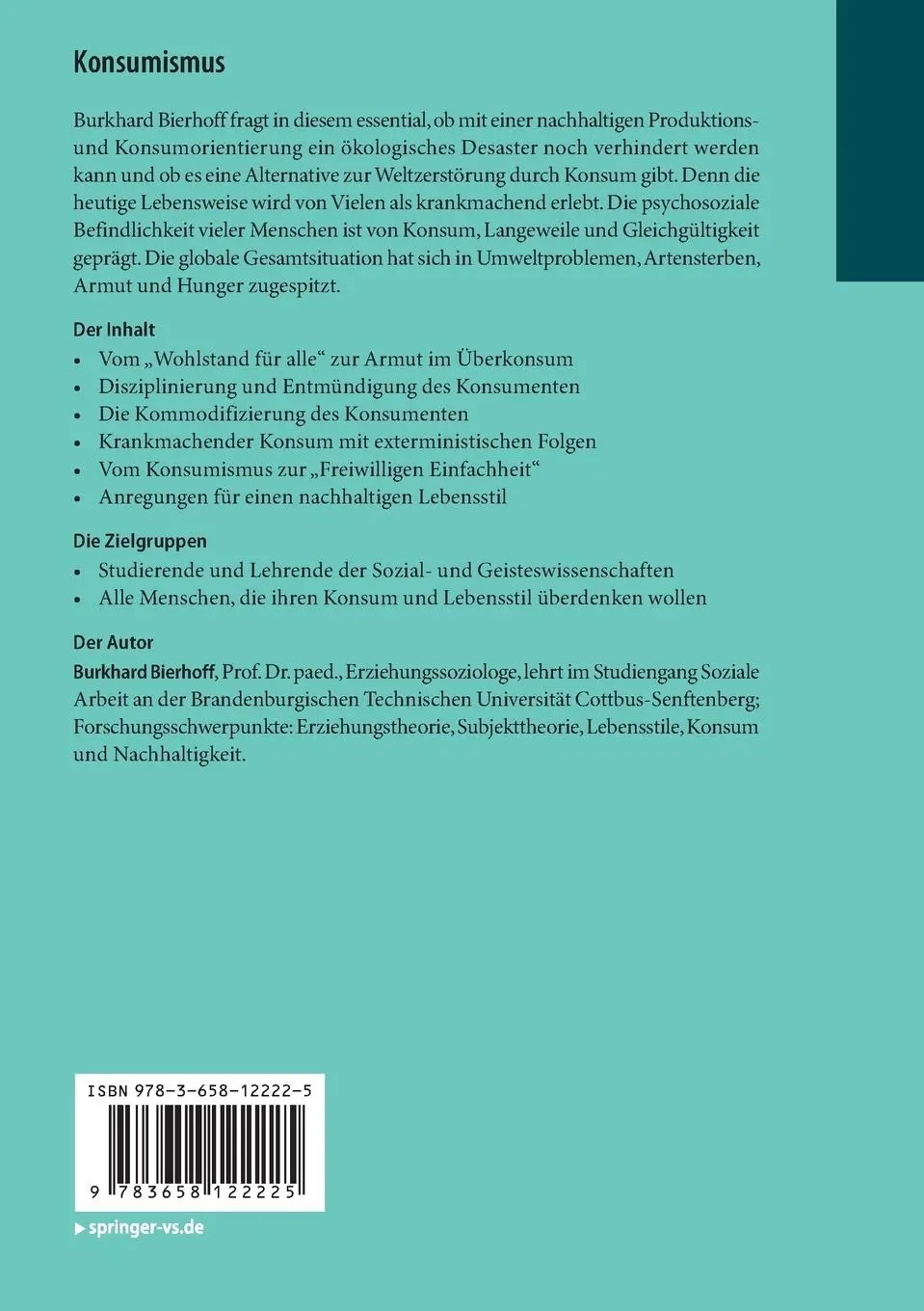 Rückseite: 9783658122225 | Konsumismus | Kritik einer Lebensform | Burkhard Bierhoff | Buch