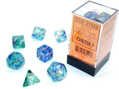 Cover: 601982032425 | Nebula® Polyhedral Oceanic™/gold Luminary™ 7-Die Set | Chessex