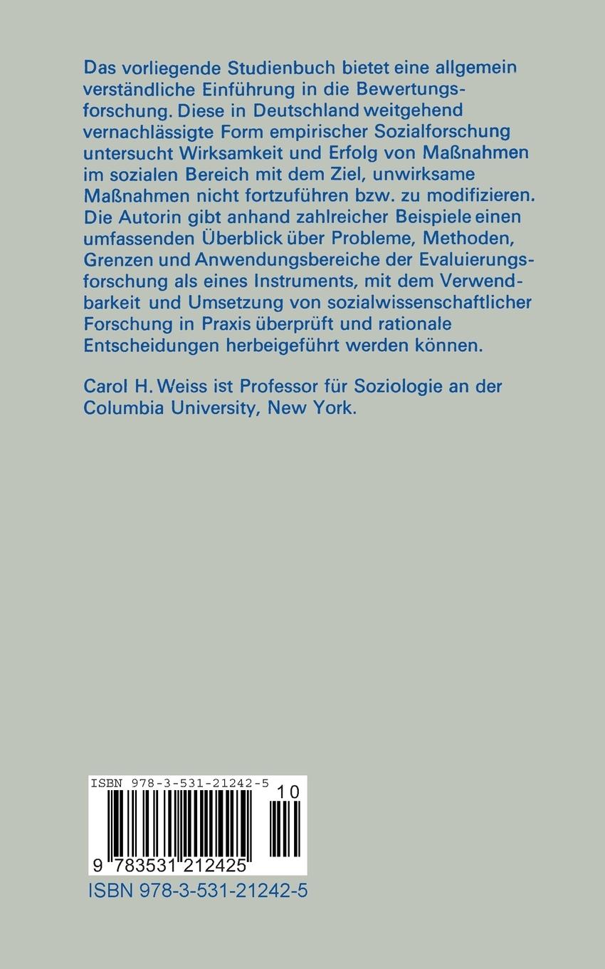 Rückseite: 9783531212425 | Evaluierungsforschung | Carol H. Weiss | Taschenbuch | 193 S.