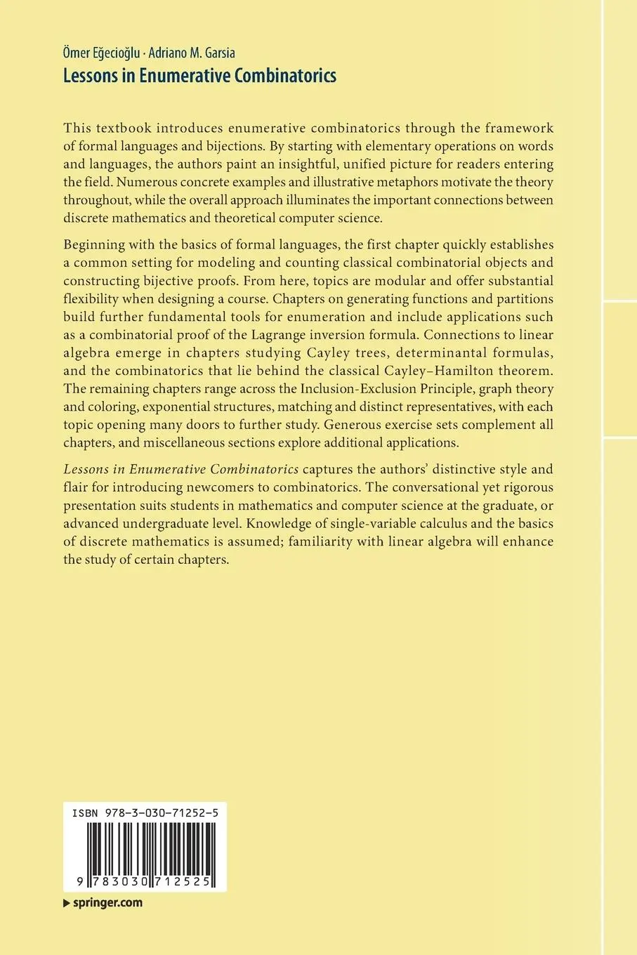 Rückseite: 9783030712525 | Lessons in Enumerative Combinatorics | Adriano M. Garsia (u. a.) | xvi