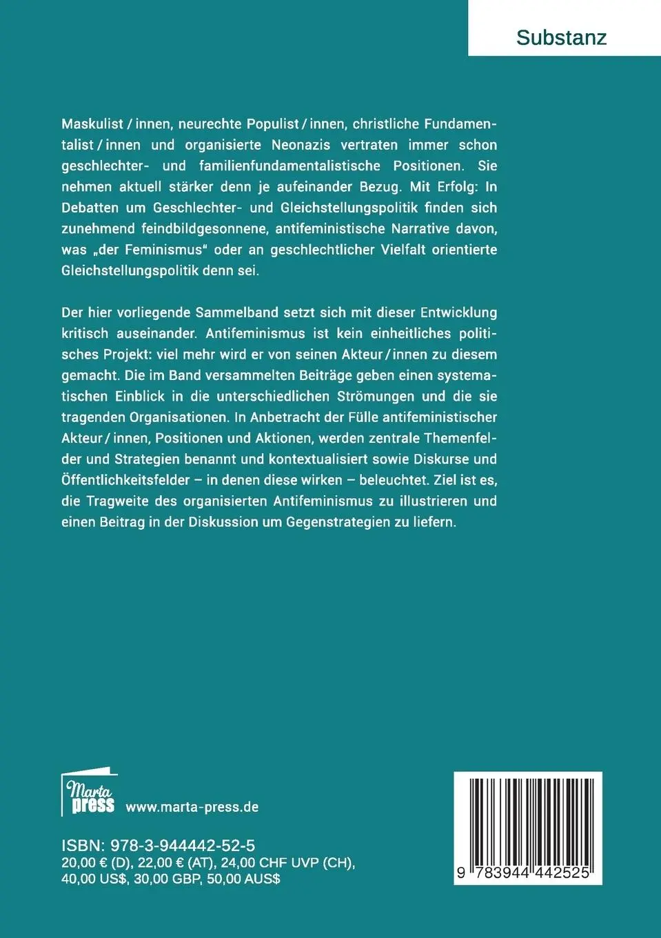 Rückseite: 9783944442525 | Antifeminismus in Bewegung | Juliane Lang (u. a.) | Taschenbuch | 2018