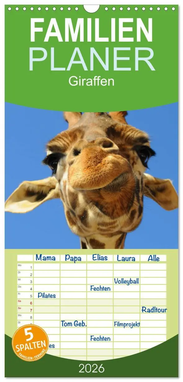 Cover: 9783516512625 | Familienplaner 2026 - Giraffen mit 5 Spalten (Wandkalender, 21 x 45...