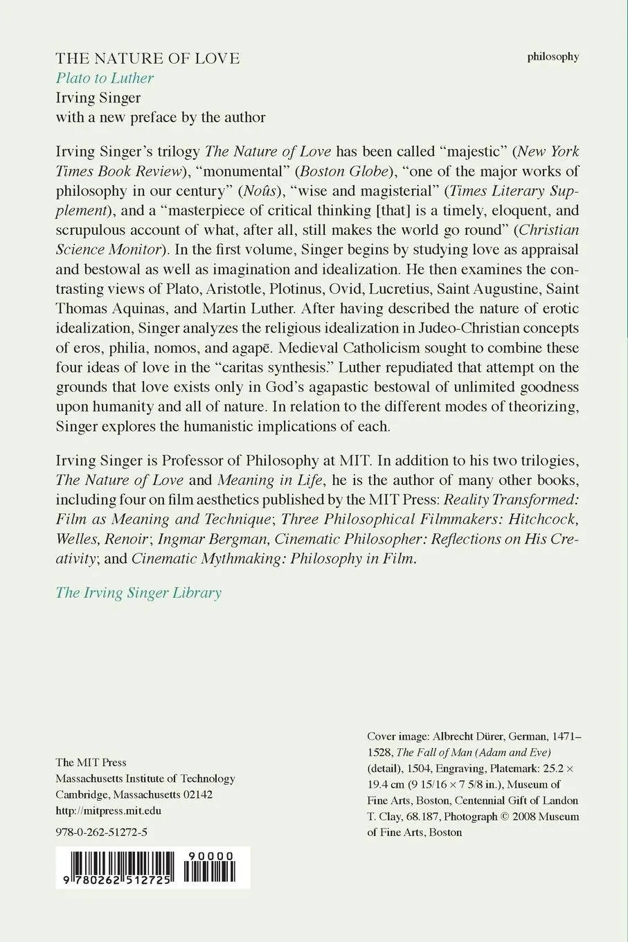 Rückseite: 9780262512725 | The Nature of Love, Volume 1 | Plato to Luther | Irving Singer | Buch
