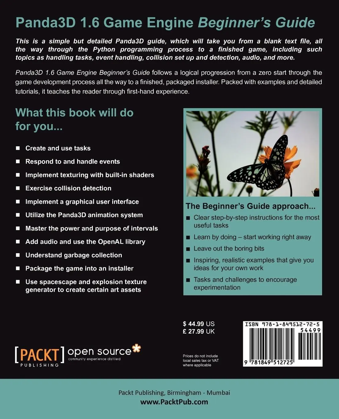 Rückseite: 9781849512725 | Panda3d 1.6 Game Engine Beginner's Guide | Dave Mathews | Taschenbuch