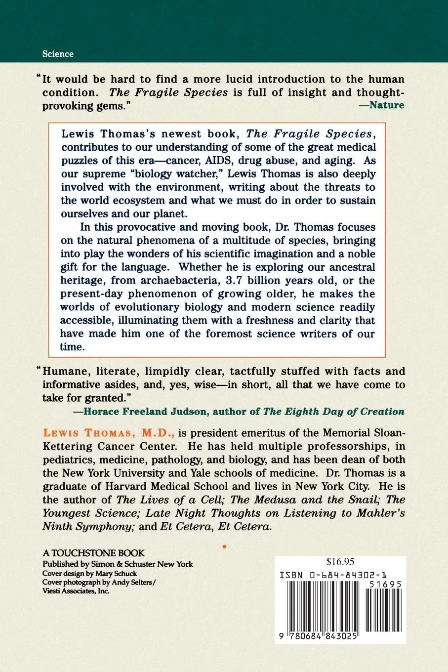 Rückseite: 9780684843025 | Fragile Species | Lewis Thomas | Taschenbuch | Englisch | 1996