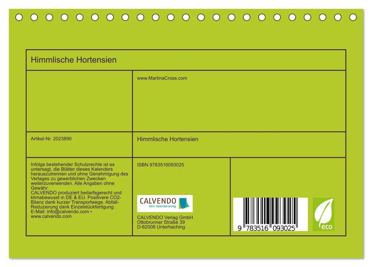 Bild: 9783516093025 | Himmlische Hortensien (Tischkalender 2026 DIN A5 quer), CALVENDO...