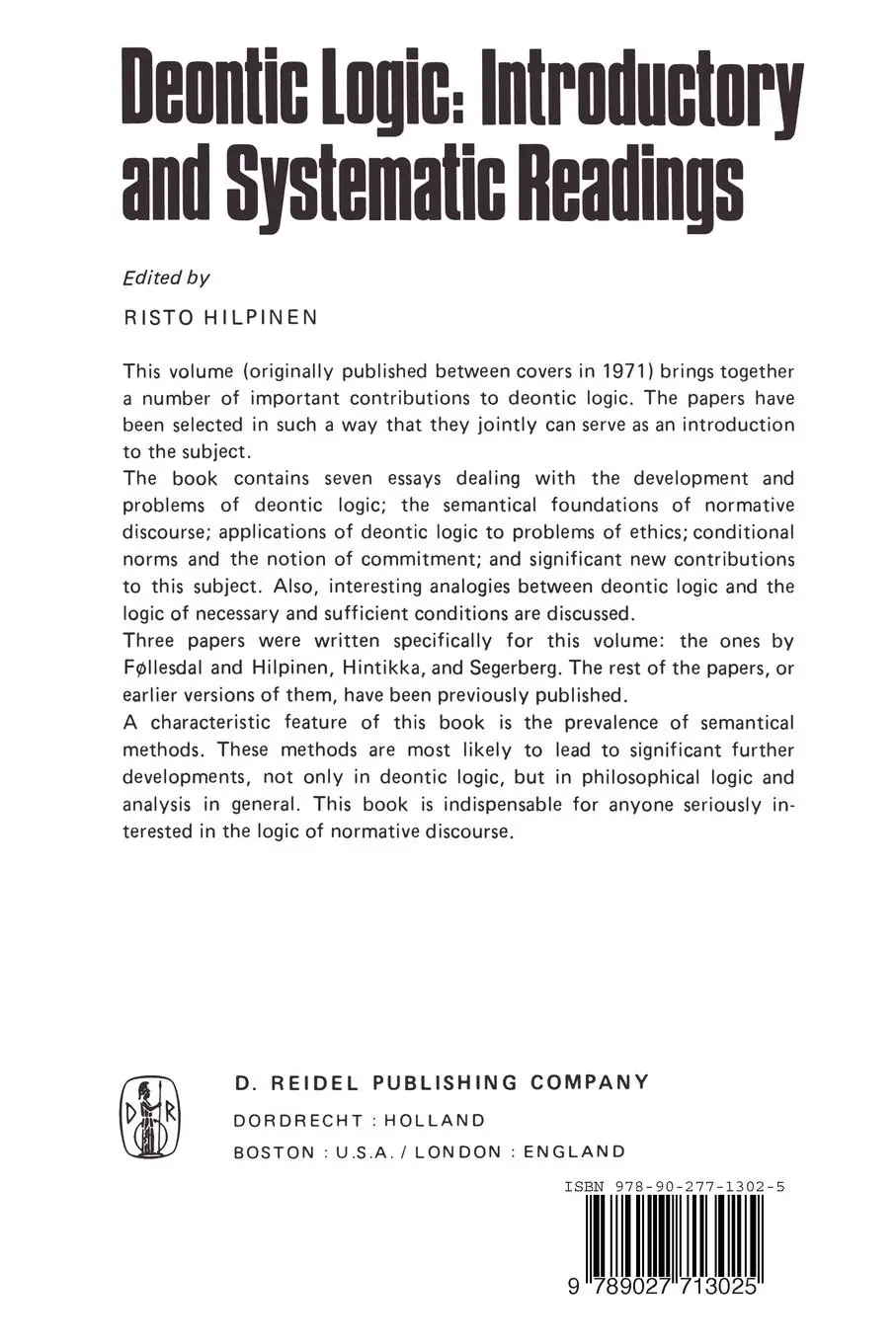 Rückseite: 9789027713025 | Deontic Logic: Introductory and Systematic Readings | R. Hilpinen