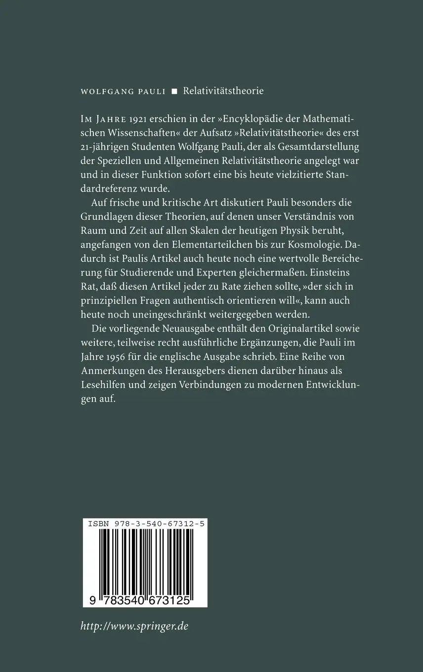 Rückseite: 9783540673125 | Relativitätstheorie | Wolfgang Pauli | Buch | xv | Deutsch | 2000