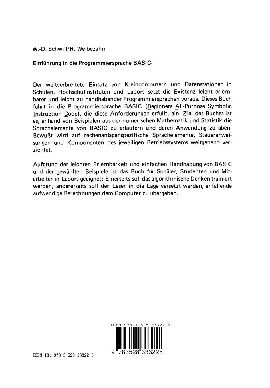 Rückseite: 9783528333225 | Einführung in die Programmiersprache BASIC | Roland Weibezahn (u. a.)