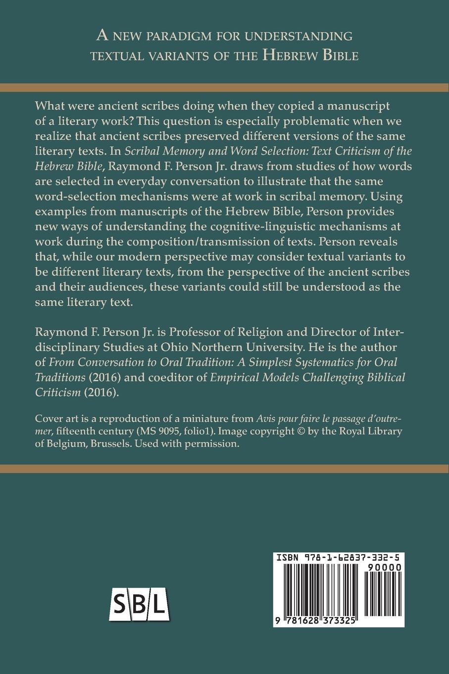 Rückseite: 9781628373325 | Scribal Memory and Word Selection | Text Criticism of the Hebrew Bible