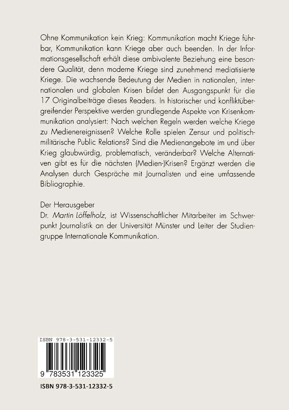 Rückseite: 9783531123325 | Krieg als Medienereignis | Martin Löffelholz | Taschenbuch | 276 S.