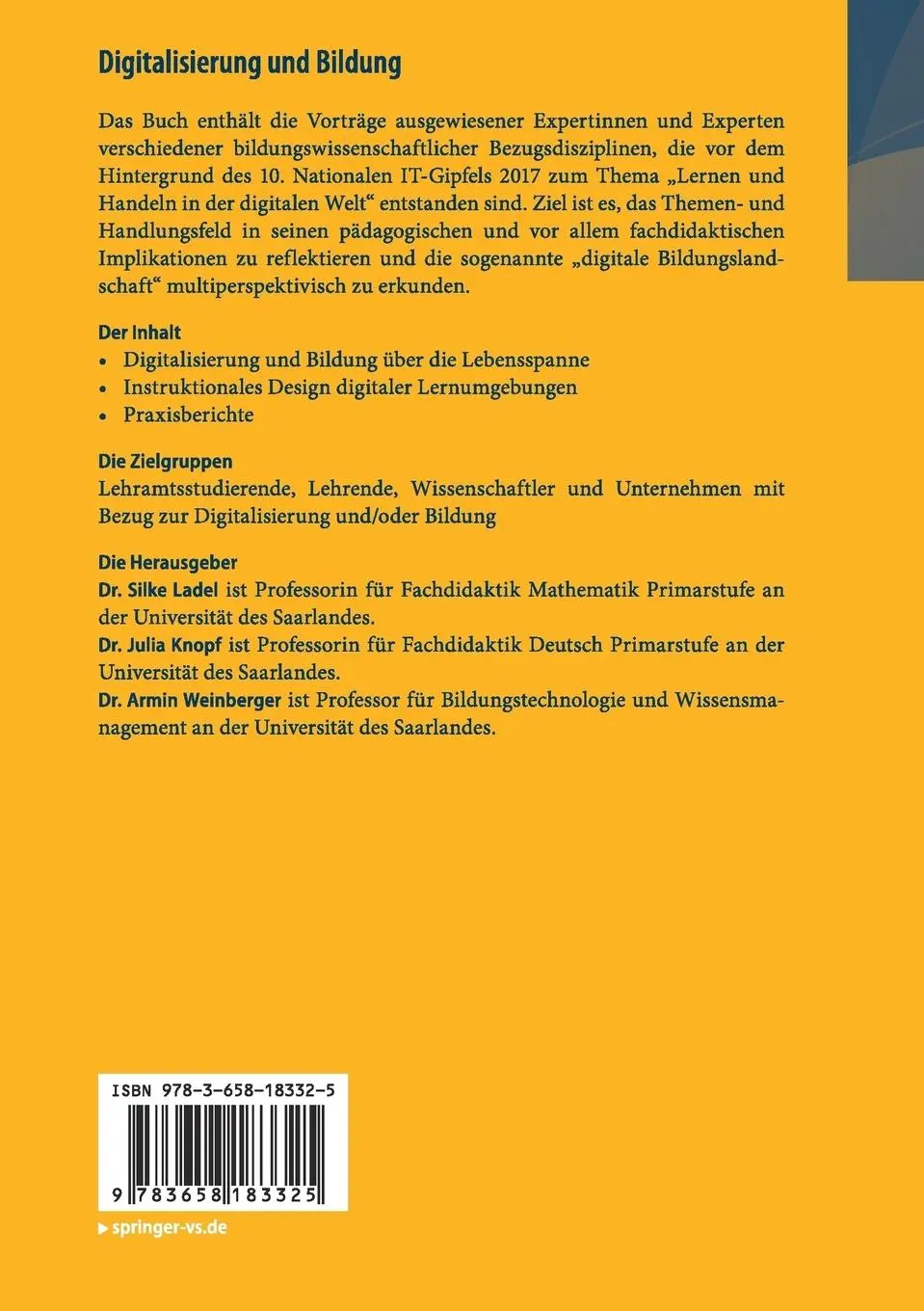 Rückseite: 9783658183325 | Digitalisierung und Bildung | Silke Ladel (u. a.) | Taschenbuch | ix
