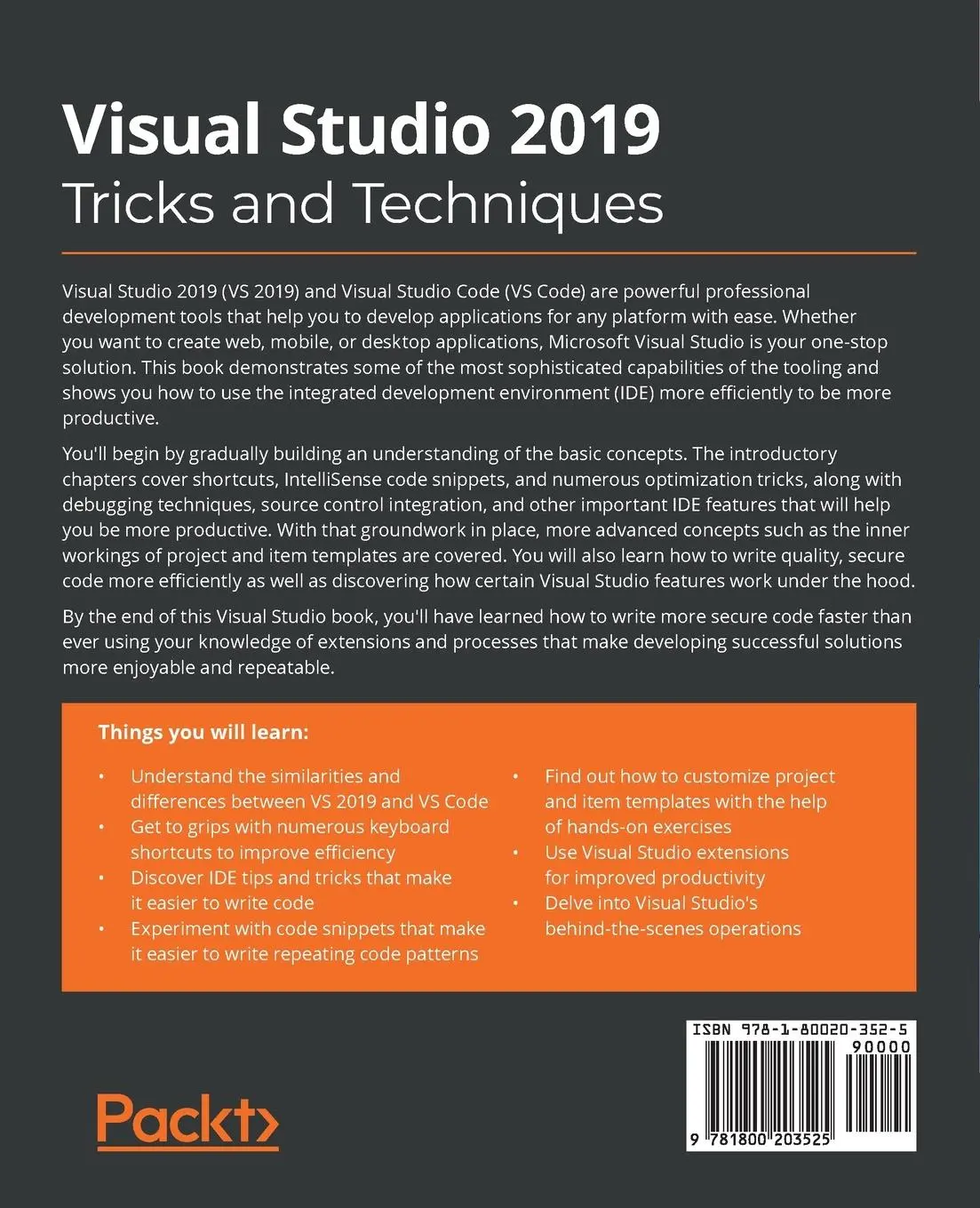 Rückseite: 9781800203525 | Visual Studio 2019 Tricks and Techniques | Paul Schroeder (u. a.)