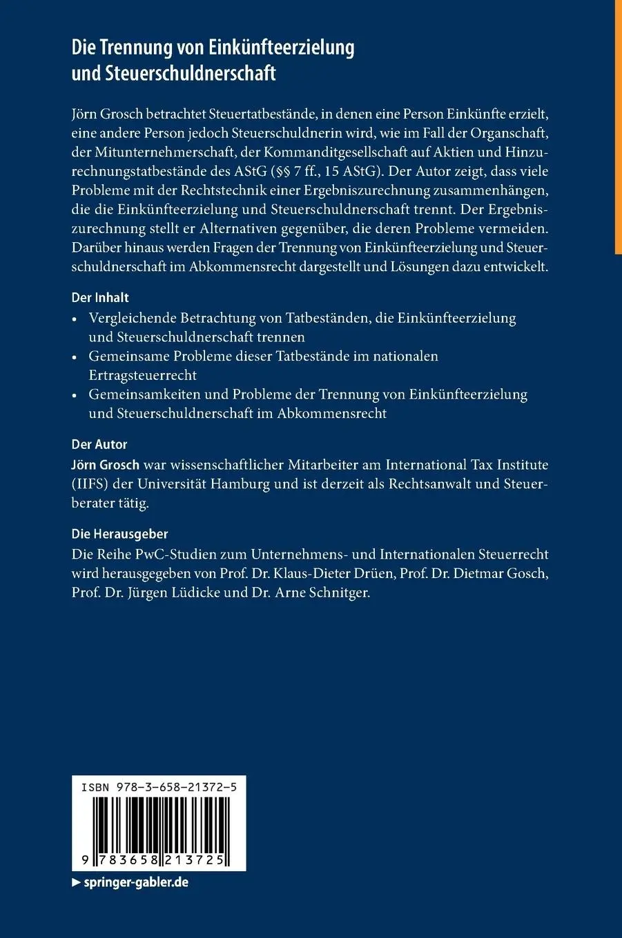 Rückseite: 9783658213725 | Die Trennung von Einkünfteerzielung und Steuerschuldnerschaft | Grosch