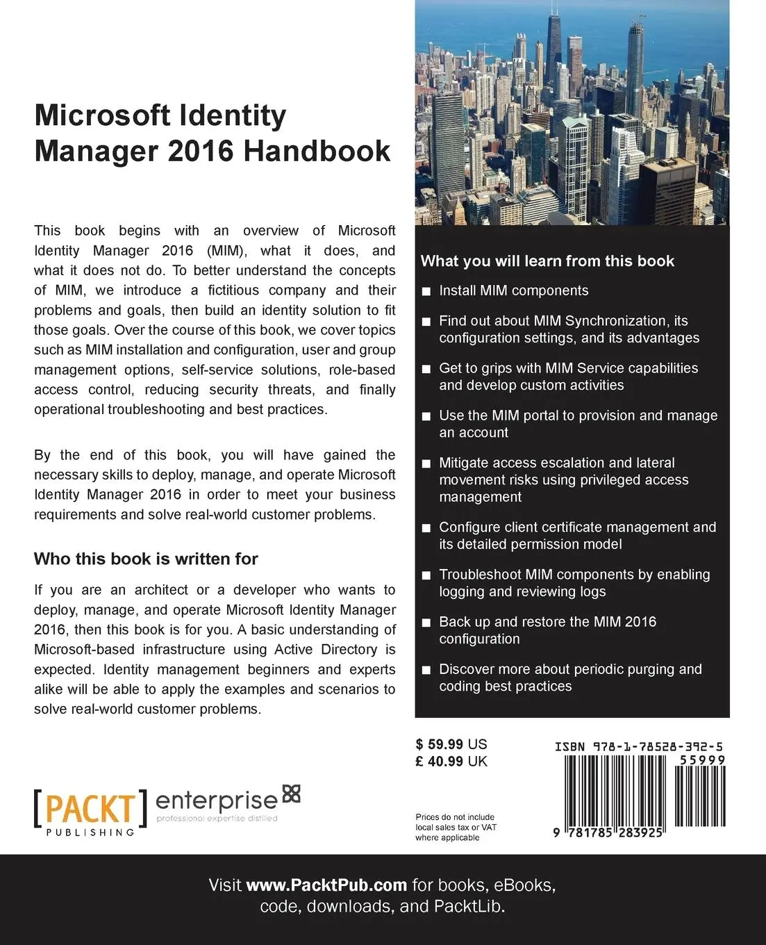 Rückseite: 9781785283925 | Microsoft Identity Manager 2016 Handbook | David Steadman (u. a.)