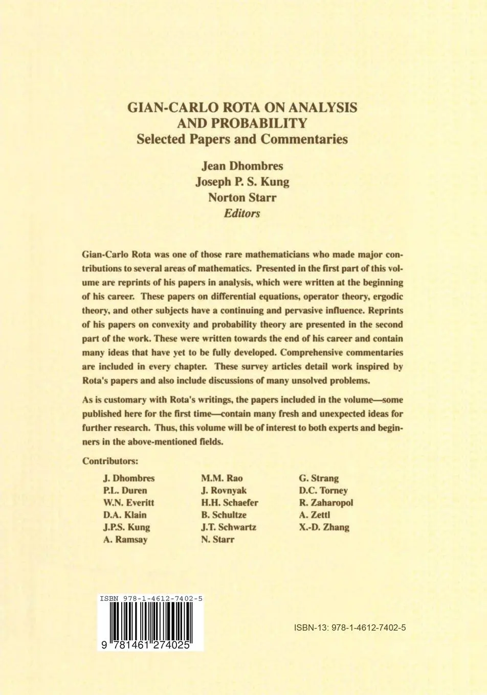 Rückseite: 9781461274025 | Gian-Carlo Rota on Analysis and Probability | Jean Dhombres | Buch