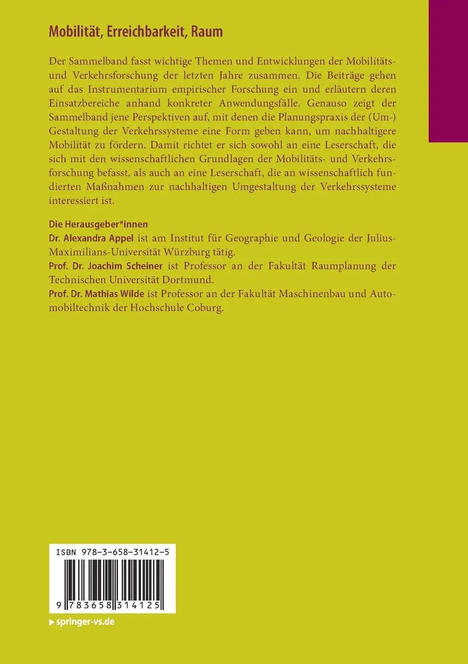 Rückseite: 9783658314125 | Mobilität, Erreichbarkeit, Raum | Alexandra Appel (u. a.) | Buch | vi