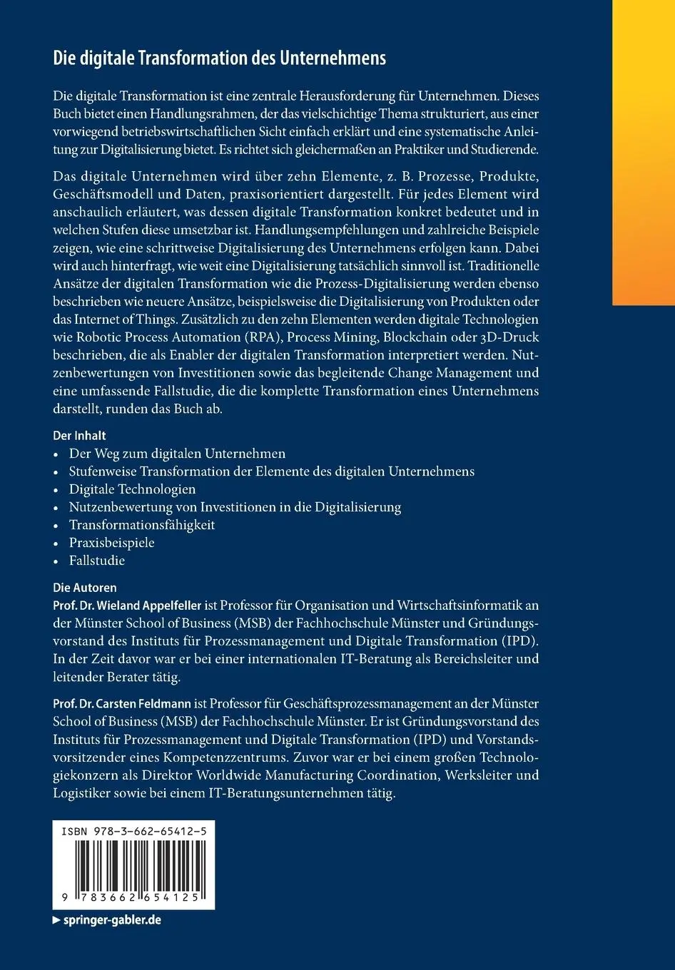 Rückseite: 9783662654125 | Die digitale Transformation des Unternehmens | Feldmann (u. a.) | Buch