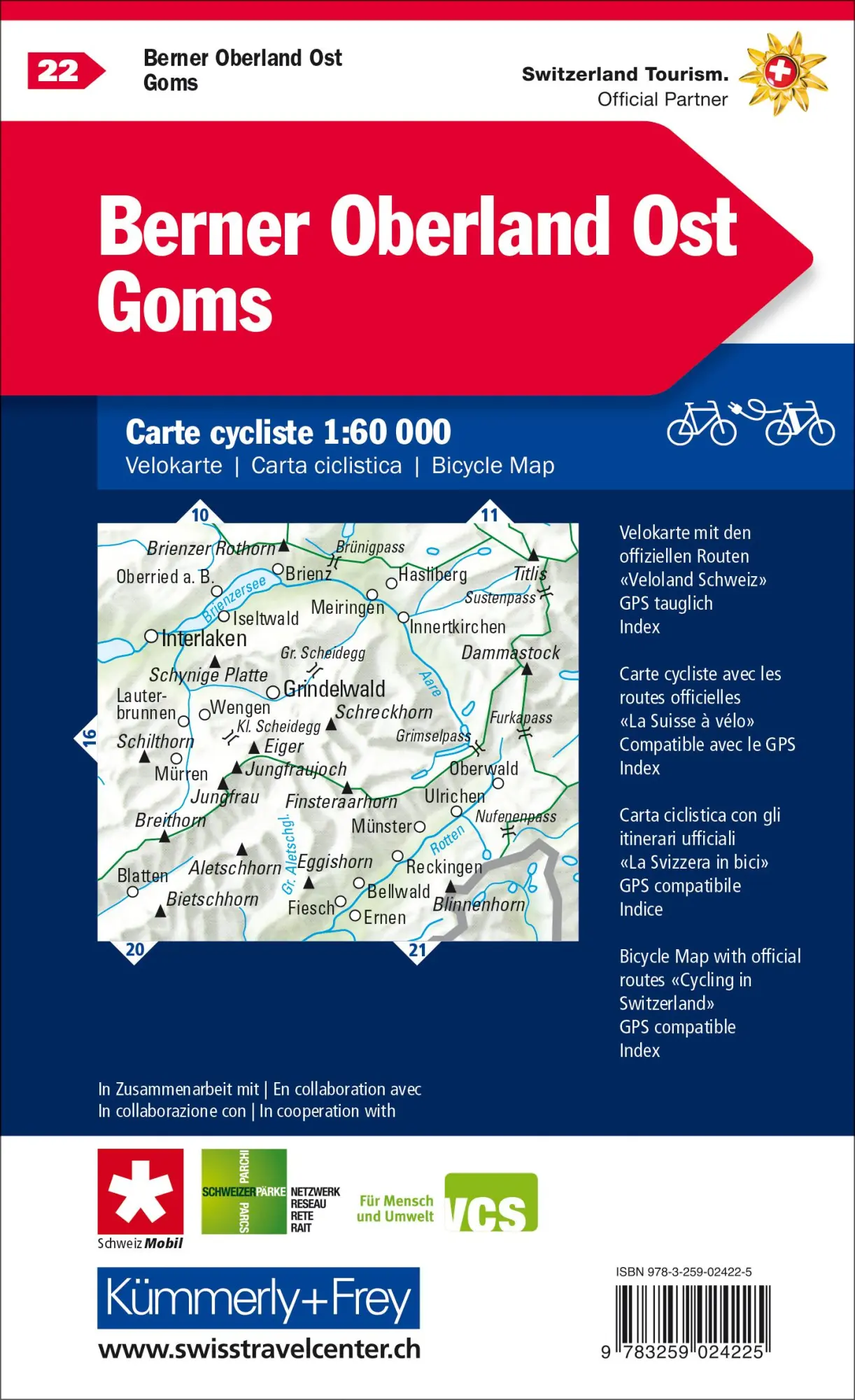 Rückseite: 9783259024225 | Radwanderkarte Berner Oberland Ost - Goms mit Ortsindex (22) | Deutsch