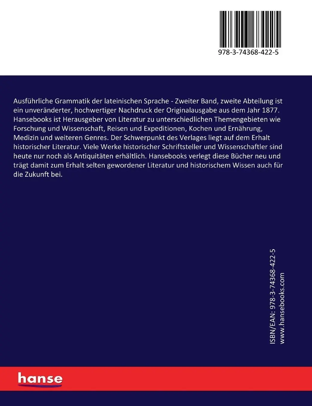 Rückseite: 9783743684225 | Ausführliche Grammatik der lateinischen Sprache | Raphael Kühner