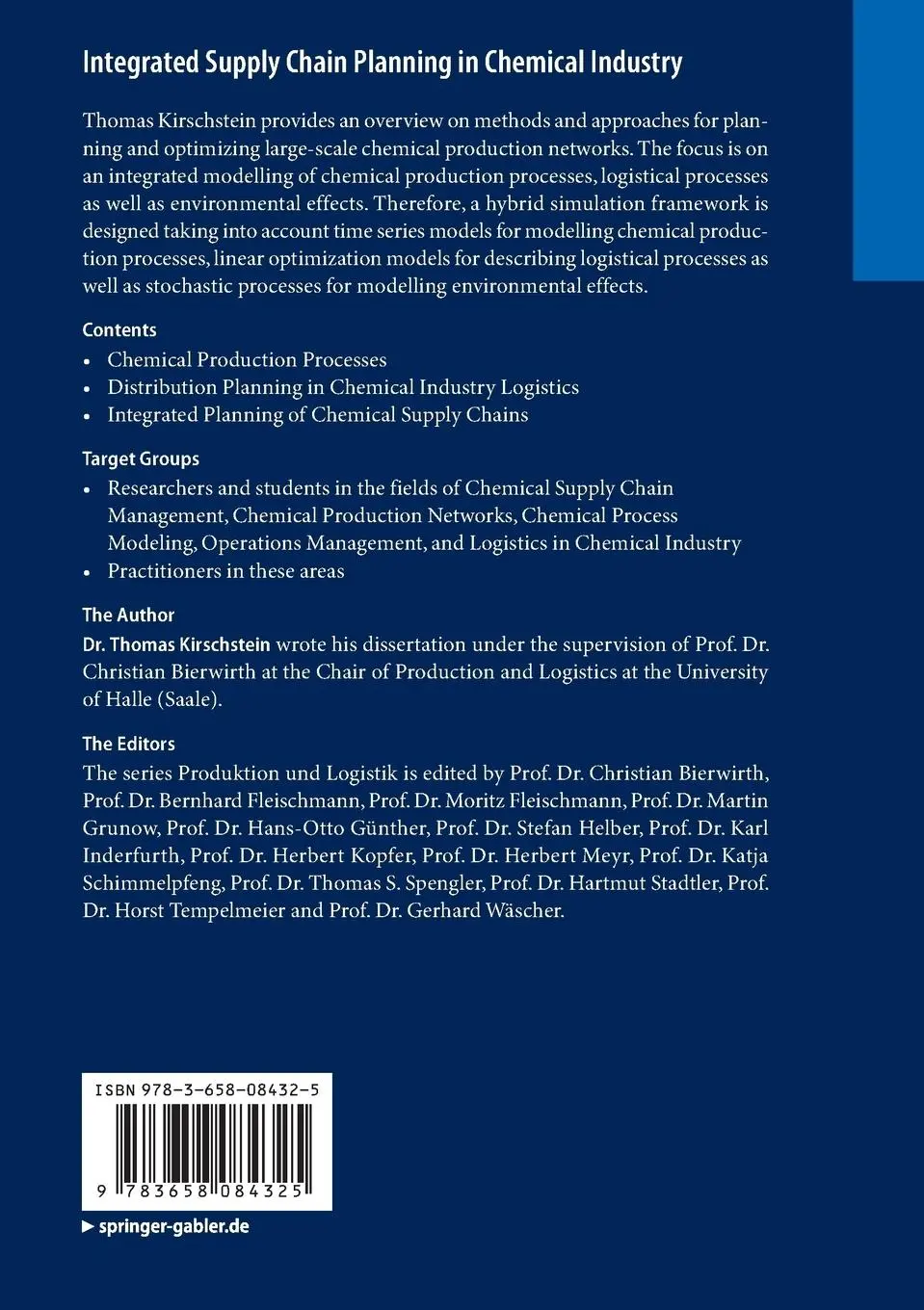 Rückseite: 9783658084325 | Integrated Supply Chain Planning in Chemical Industry | Kirschstein