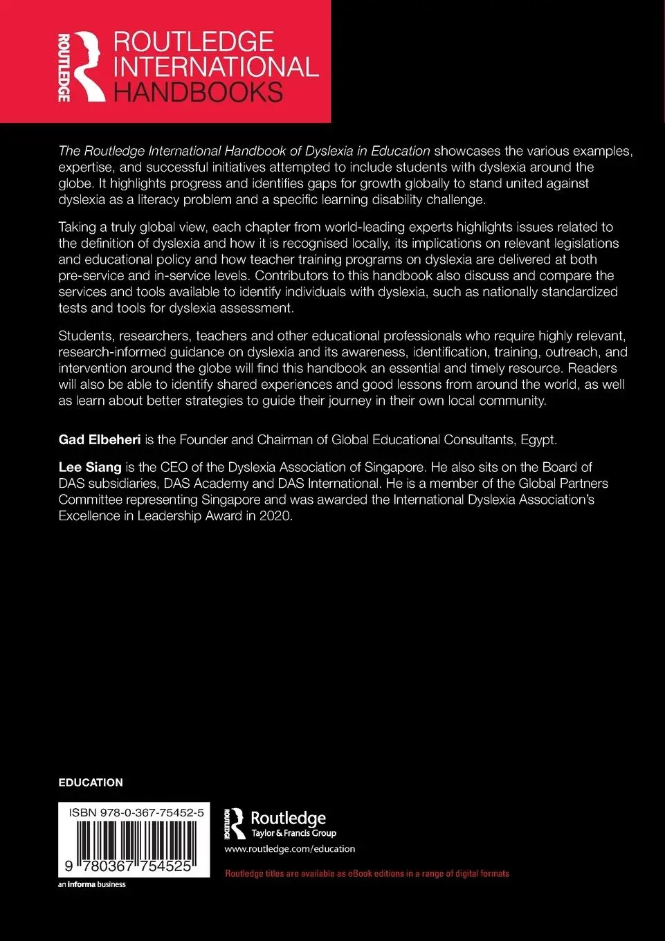 Rückseite: 9780367754525 | The Routledge International Handbook of Dyslexia in Education | Buch