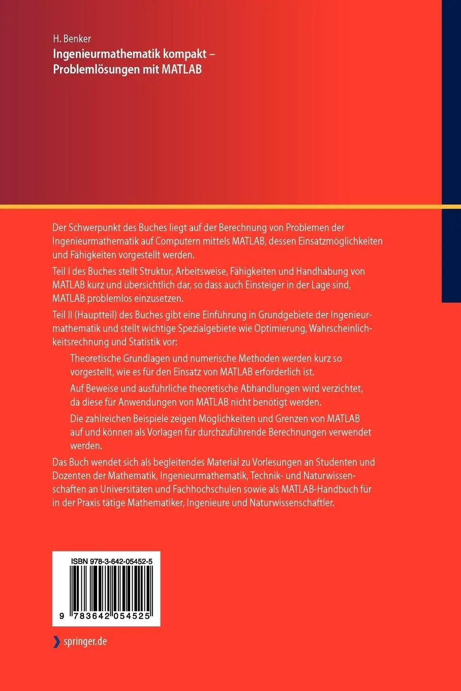 Rückseite: 9783642054525 | Ingenieurmathematik kompakt - Problemlösungen mit MATLAB | Hans Benker