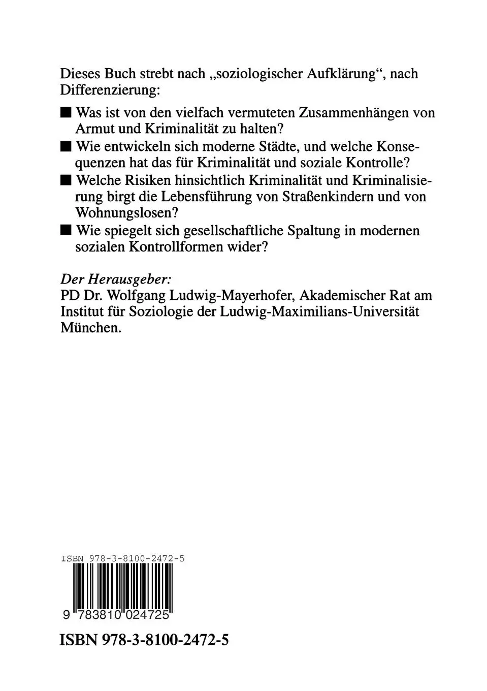 Rückseite: 9783810024725 | Soziale Ungleichheit, Kriminalität und Kriminalisierung | Taschenbuch