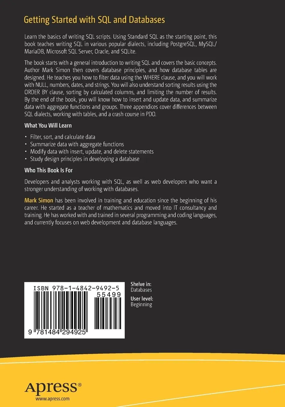 Rückseite: 9781484294925 | Getting Started with SQL and Databases | Mark Simon | Taschenbuch