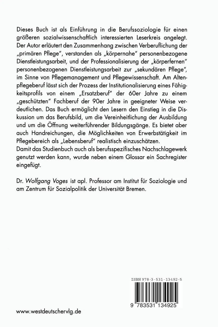 Rückseite: 9783531134925 | Pflege alter Menschen als Beruf | Soziologie eines Tätigkeitsfeldes