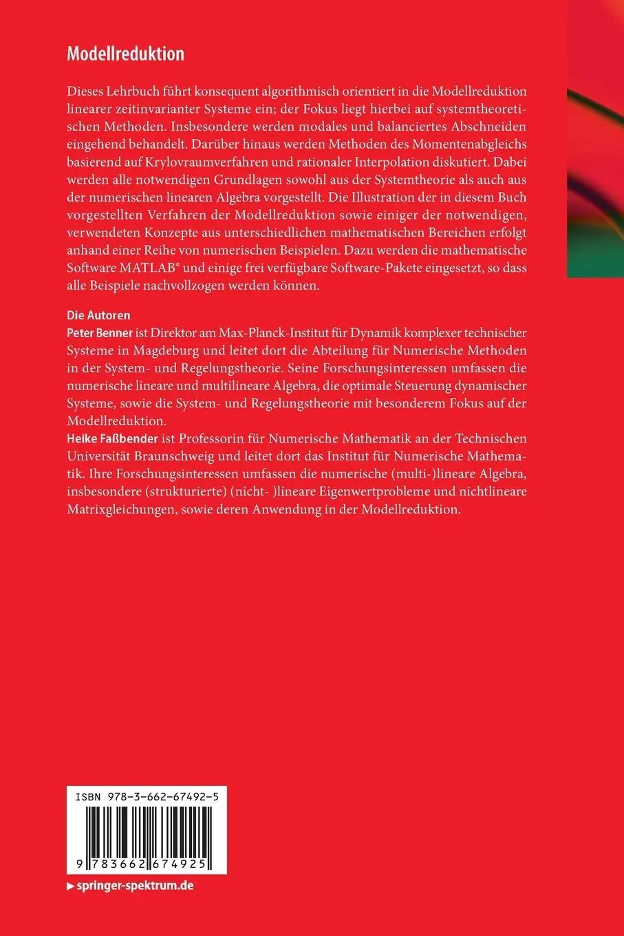 Rückseite: 9783662674925 | Modellreduktion | Eine systemtheoretisch orientierte Einführung | Buch