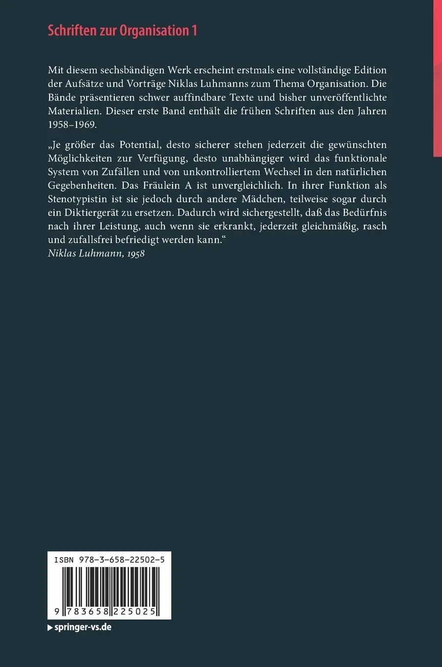 Rückseite: 9783658225025 | Schriften zur Organisation 1 | Die Wirklichkeit der Organisation