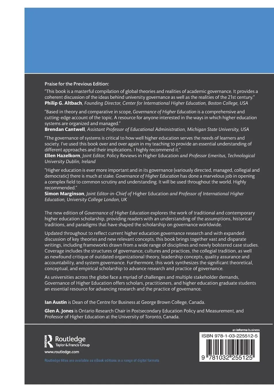 Rückseite: 9781032255125 | Governance of Higher Education | Ian Austin (u. a.) | Taschenbuch