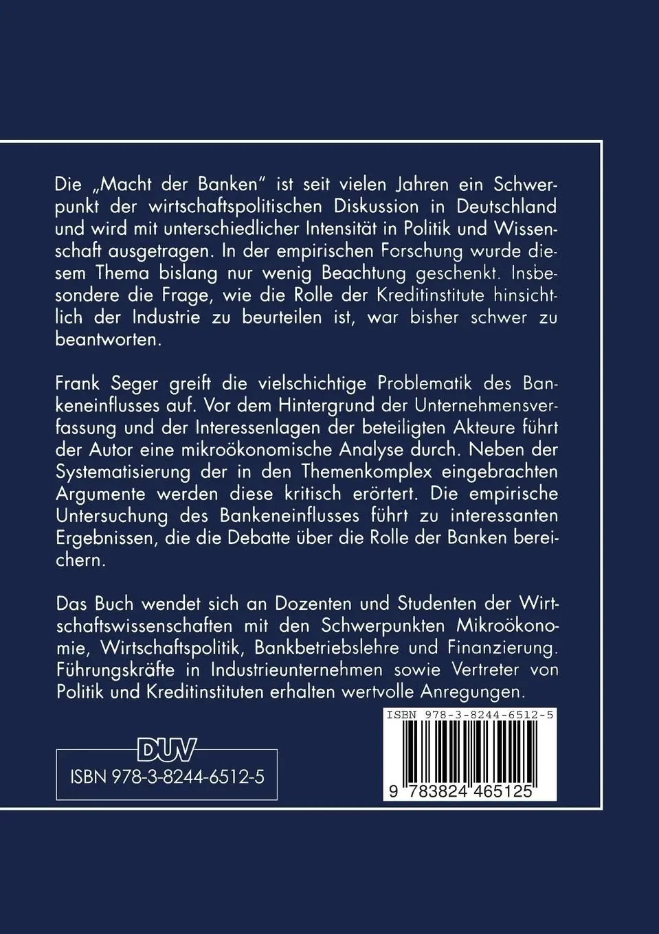 Rückseite: 9783824465125 | Banken, Erfolg und Finanzierung | Frank Seger | Taschenbuch | xv