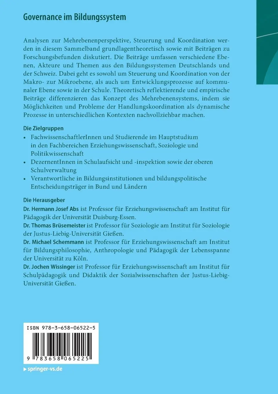 Rückseite: 9783658065225 | Governance im Bildungssystem | Hermann Josef Abs (u. a.) | Taschenbuch