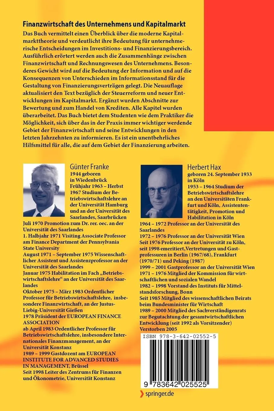Rückseite: 9783642025525 | Finanzwirtschaft des Unternehmens und Kapitalmarkt | Hax (u. a.)