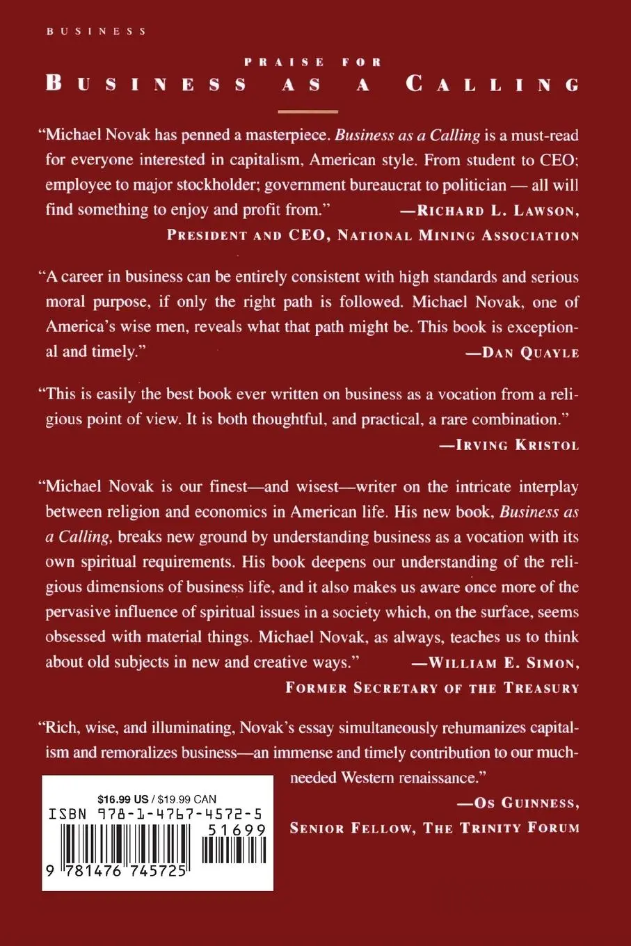 Rückseite: 9781476745725 | Business as a Calling | Michael And Jana Novak | Taschenbuch | 2013