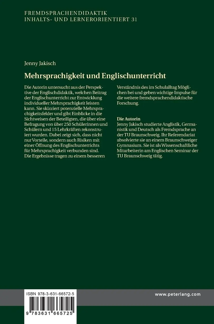 Rückseite: 9783631665725 | Mehrsprachigkeit und Englischunterricht | Jenny Jakisch | Buch | 2015